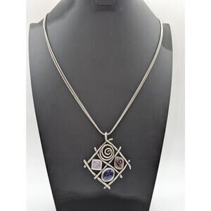 Vtg Chico's Pewter Color Double Strand Chain Abstract Medallion 30" Necklace